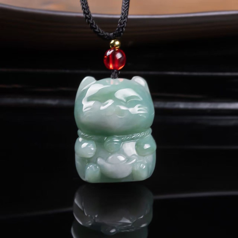 Women Fashion Necklace - Pendentif Chat Porte-Bonheur en Jade Émeraude
