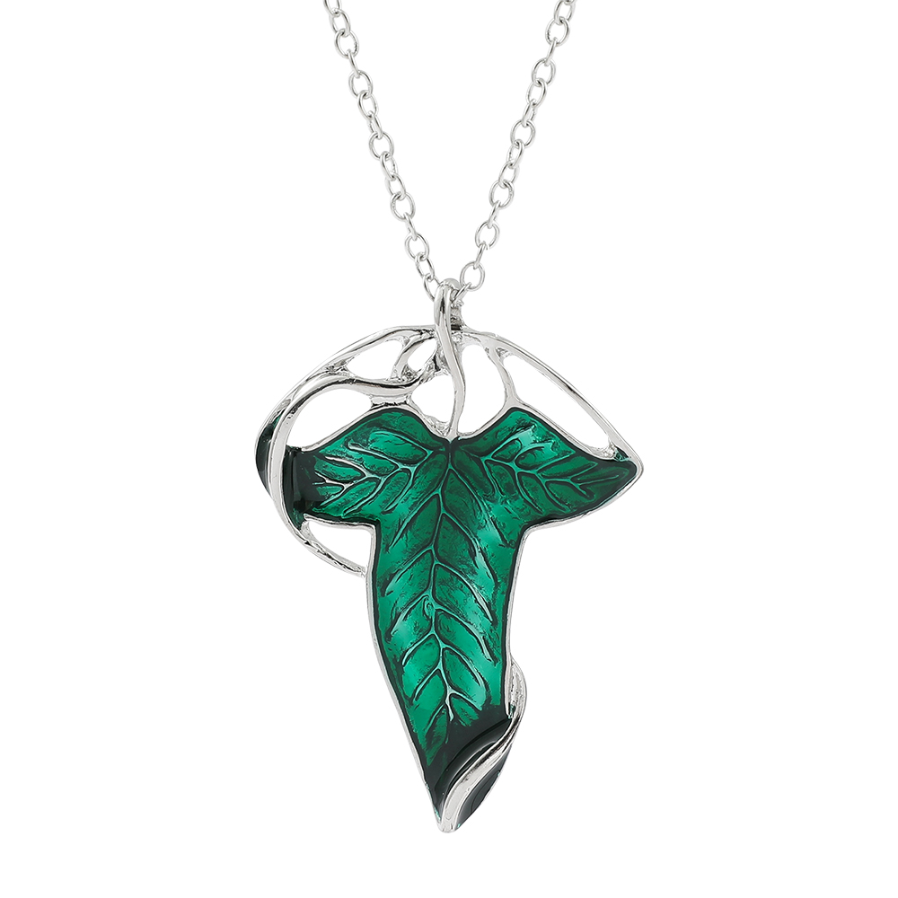 Women Fashion Necklace - Collier pendentif feuille verte vintage, bijou