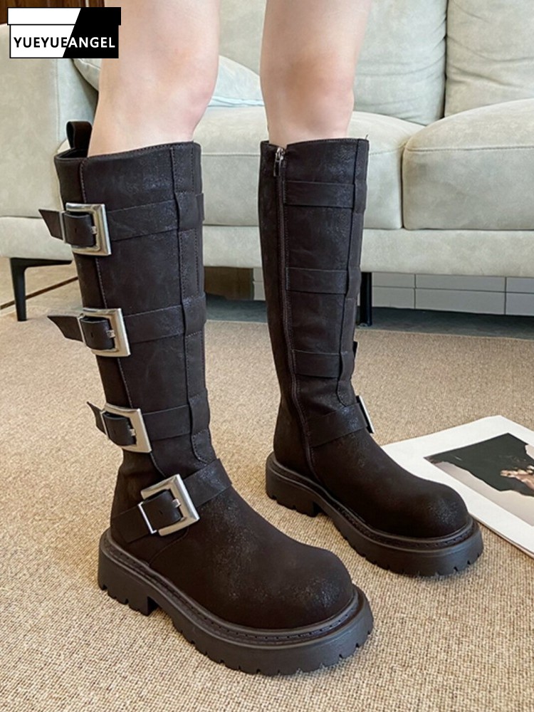Women'S Fashion Riding Boots - Bottes hautes multi-boucles pour femmes, style